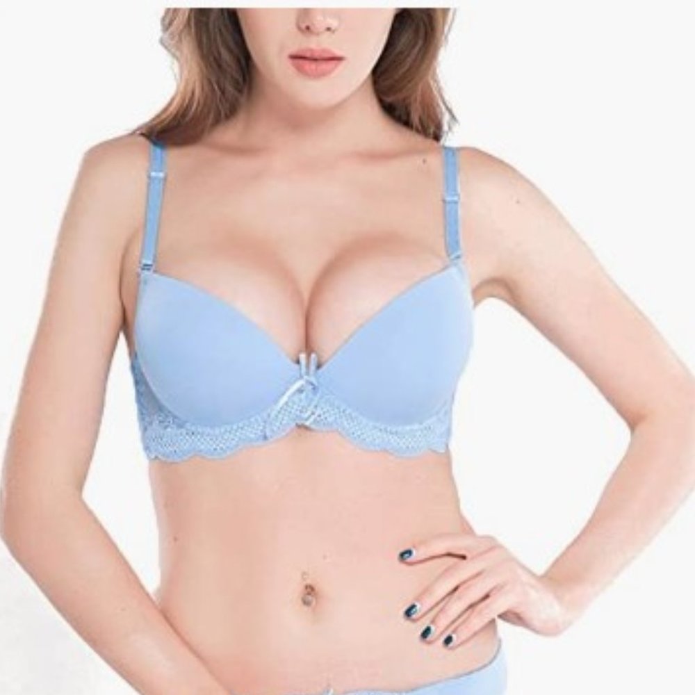 TELIMUSSTO Plunge Lace Lined Underwire Bra 34E Blue NWT